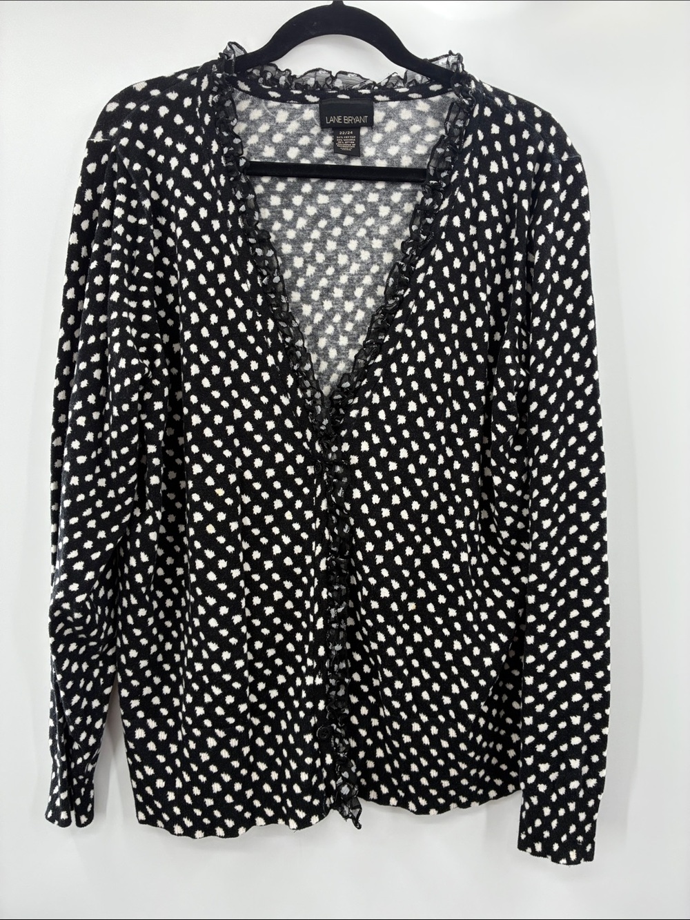 Lane Bryant Black and White V-Neck Ruffle-Trim Cardigan 22/24